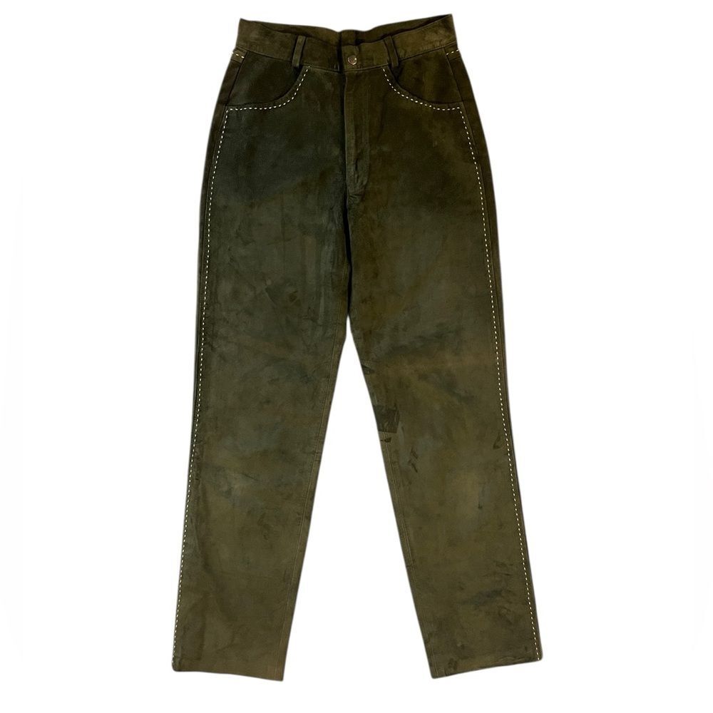 Vintage Tasha Polizzi for TP Saddleback Green Suede Pants White Stitching Size 6